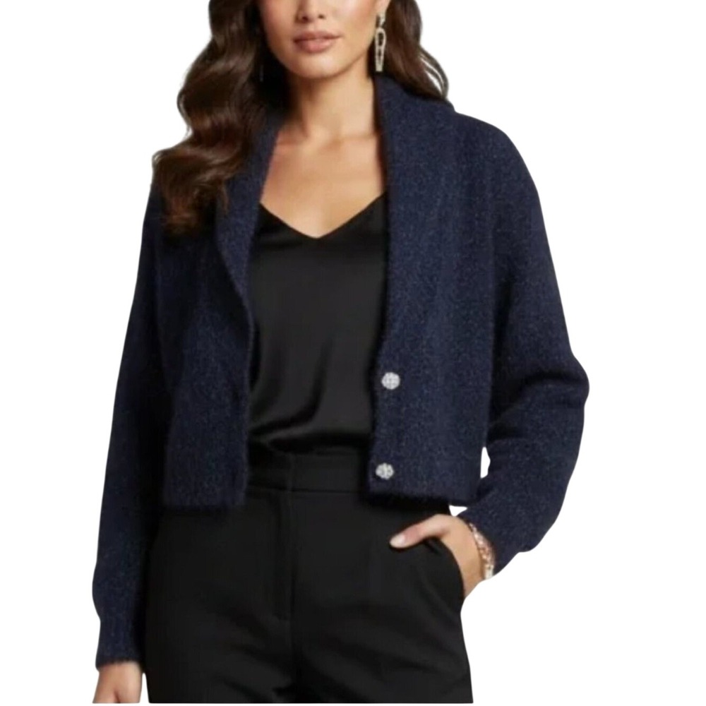House of Harlow 1960 Revolve Shimmery Navy Blue Chunky Cardigan Rhinestones M‎
